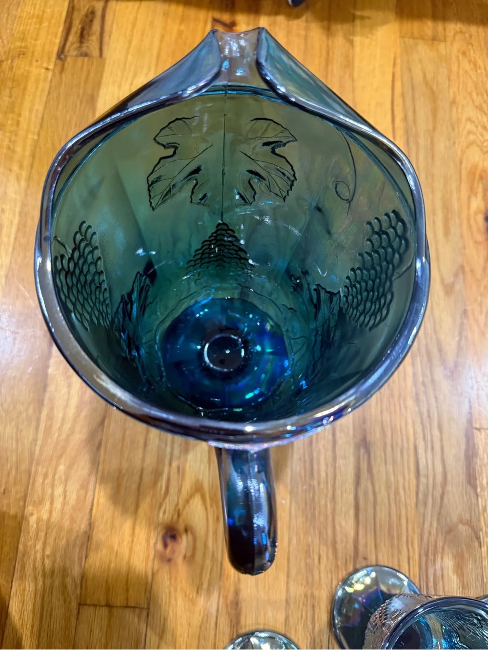 Iridescent Blue Glass Pitcher and 4 Goblets Set